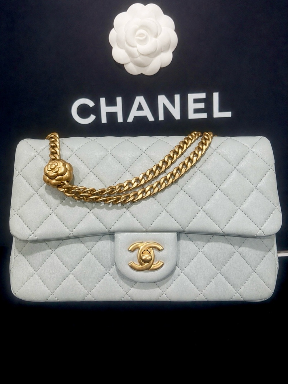 Chanel Light Blue Quilted leather Camellia Chain Small Flap Bag